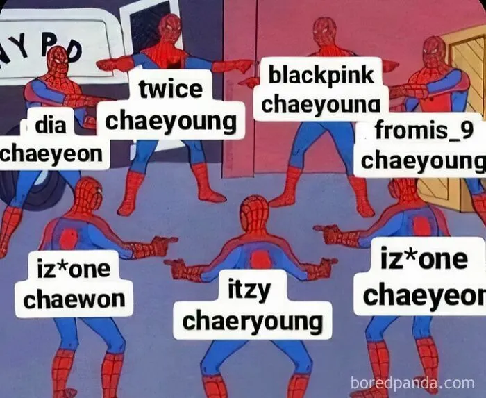 Spider-Man meme pointing at each other with same names in K-Pop group chaeyoung