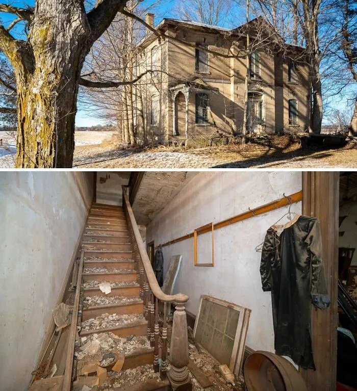 Hallway with broken windows and debris in $14 million abandoned mansion