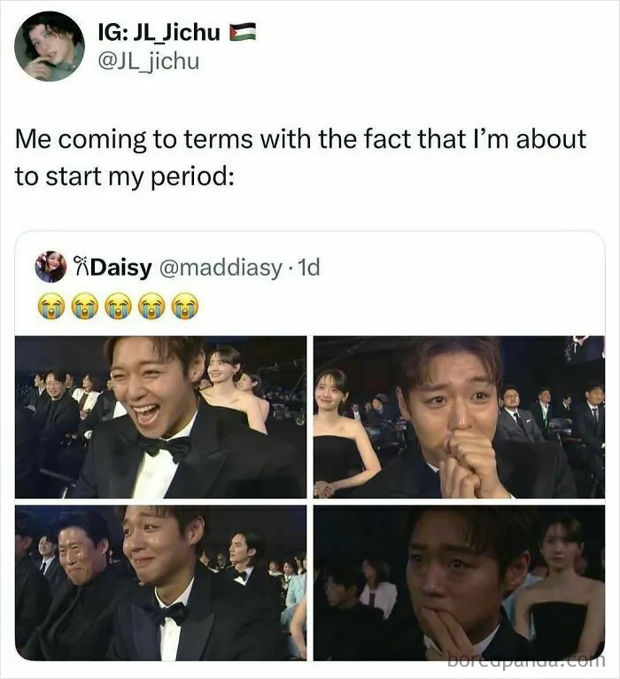 K-pop fan meme about starting period using emotional award show reactions
