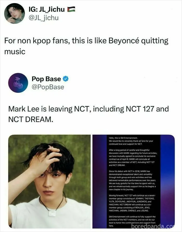 Mark Lee leaving NCT announcement meme with fan reaction on Korean music news