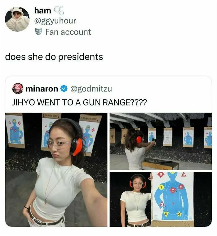 K-Pop idol Jihyo at a gun range with targets and protective ear gear