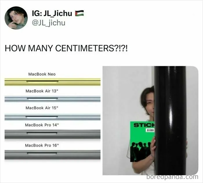 Humorous comparison of MacBook sizes with K-Pop album showing length