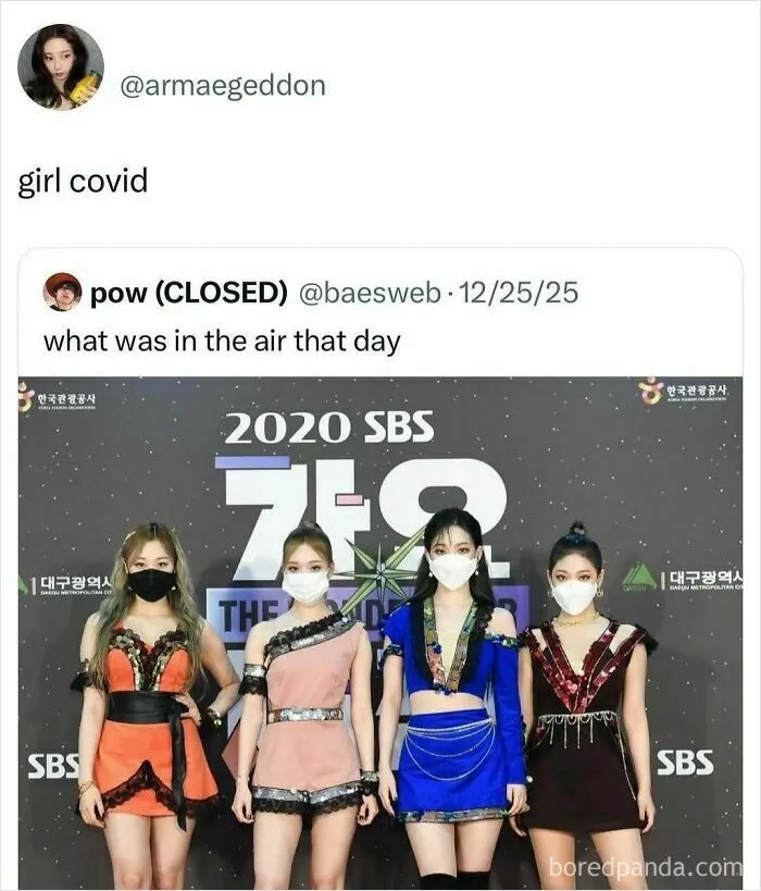 K-pop girl group wearing masks at 2020 SBS event during the girl covid pandemic period