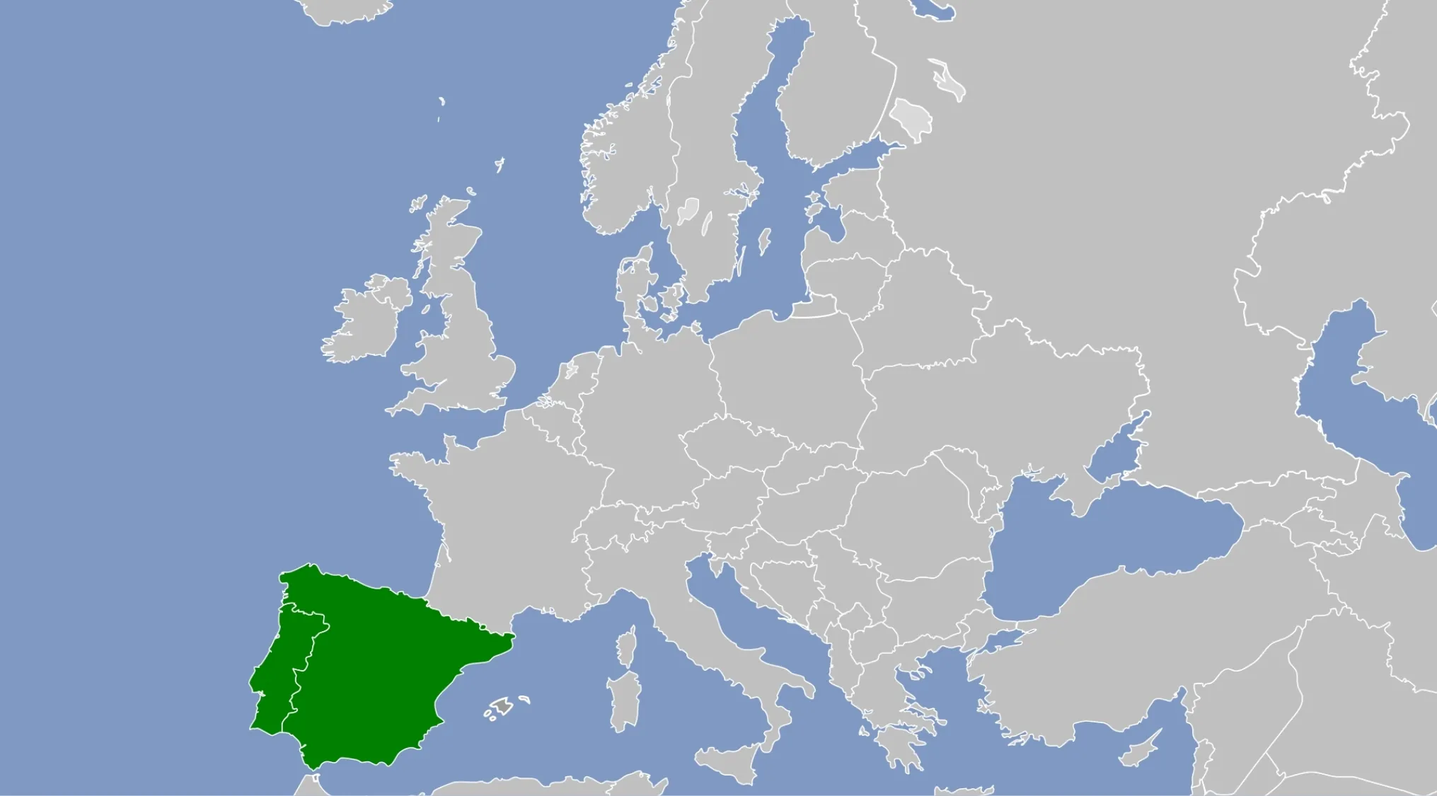 Map of Europe with Spain and Portugal highlighted in green, part of a General Knowledge Quiz.