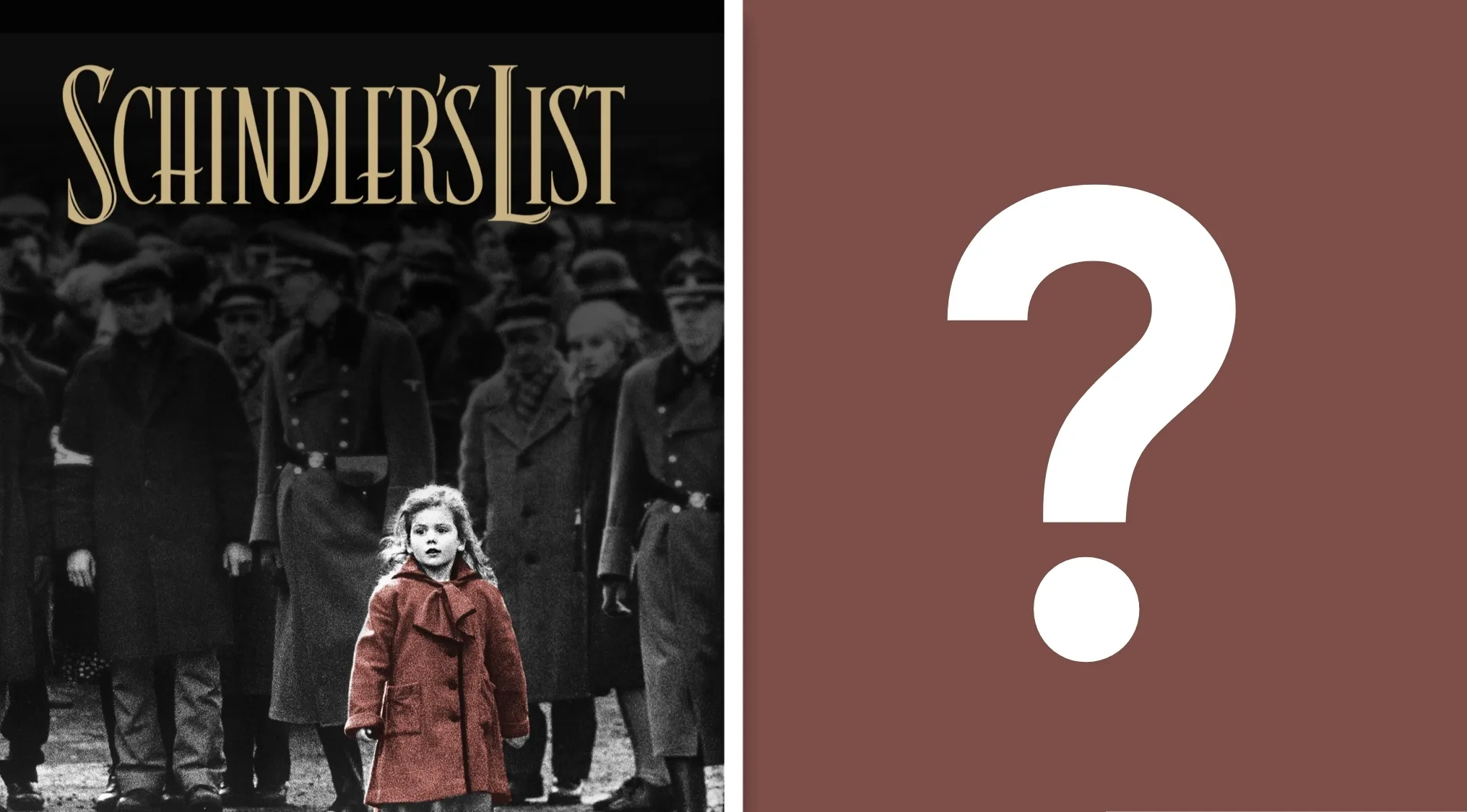 Schindler's List poster with a girl in a red coat & a question mark. General knowledge quiz about the film's director.
