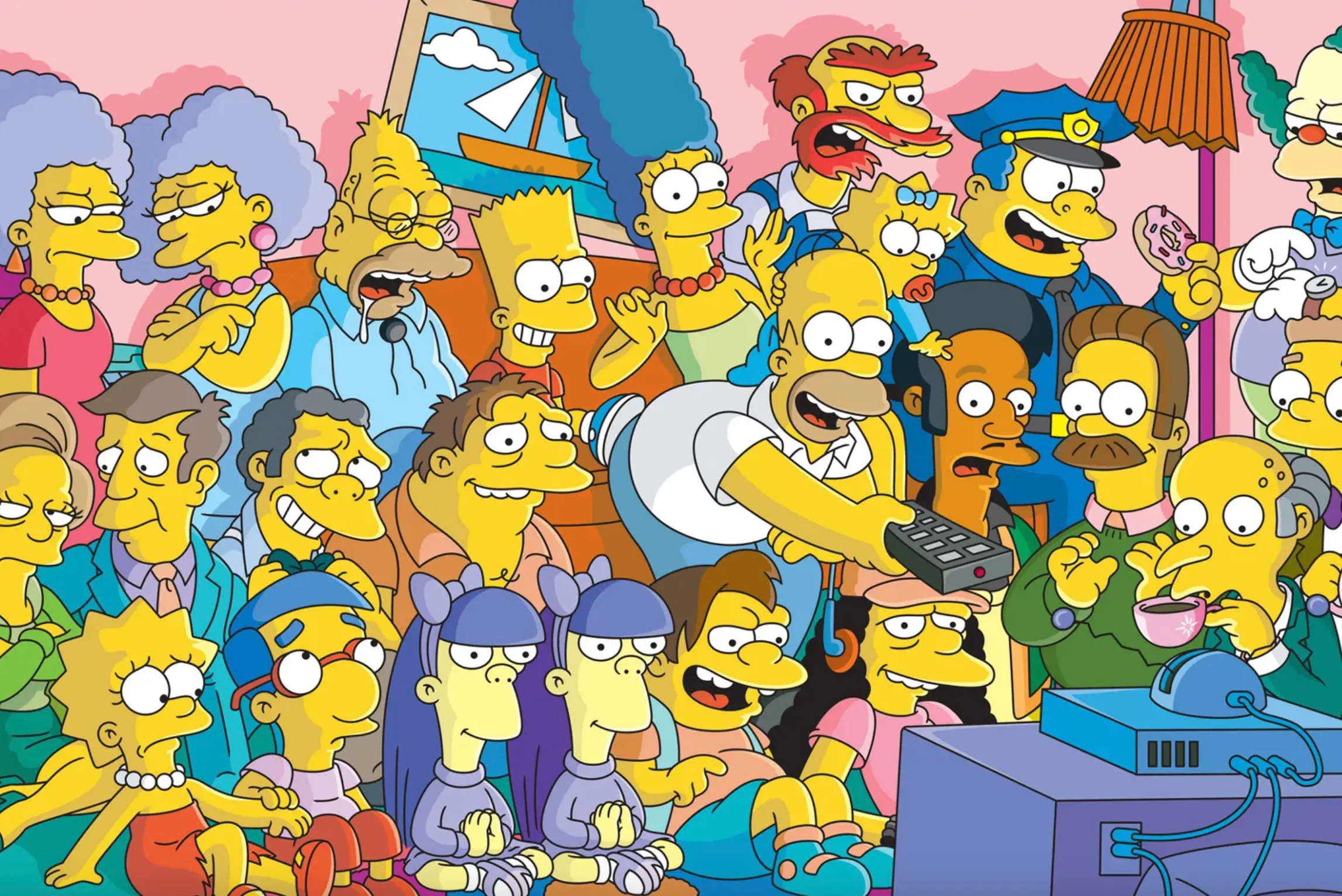 Many characters from The Simpsons watching TV, with Homer holding the remote. Which TV show do these characters belong to?