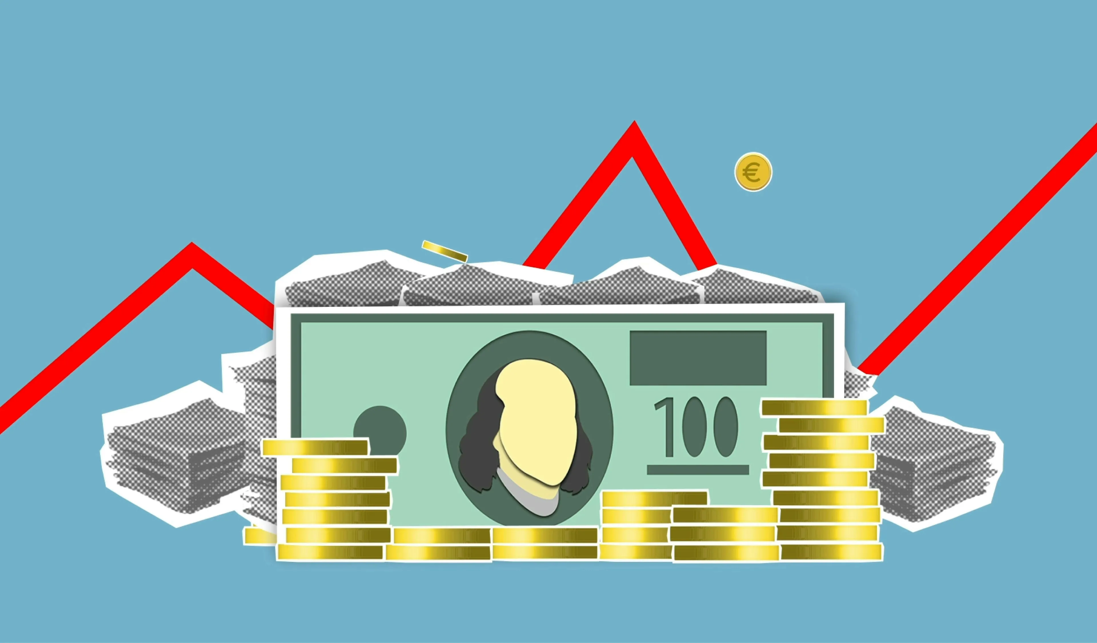 An illustration of a hundred dollar bill and stacks of coins with a rising red line in a general knowledge quiz.
