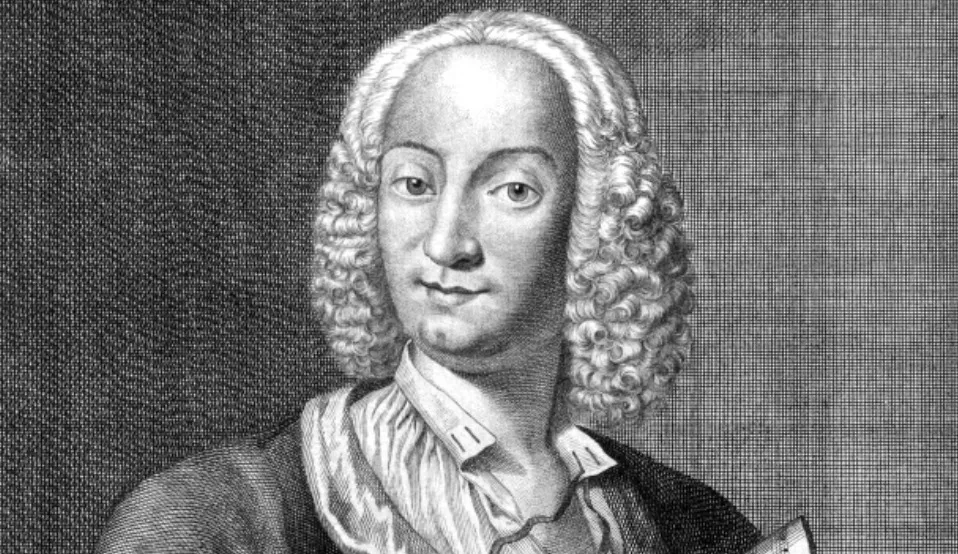 Engraving of Antonio Vivaldi, composer of The Four Seasons, with a white wig and collared shirt.