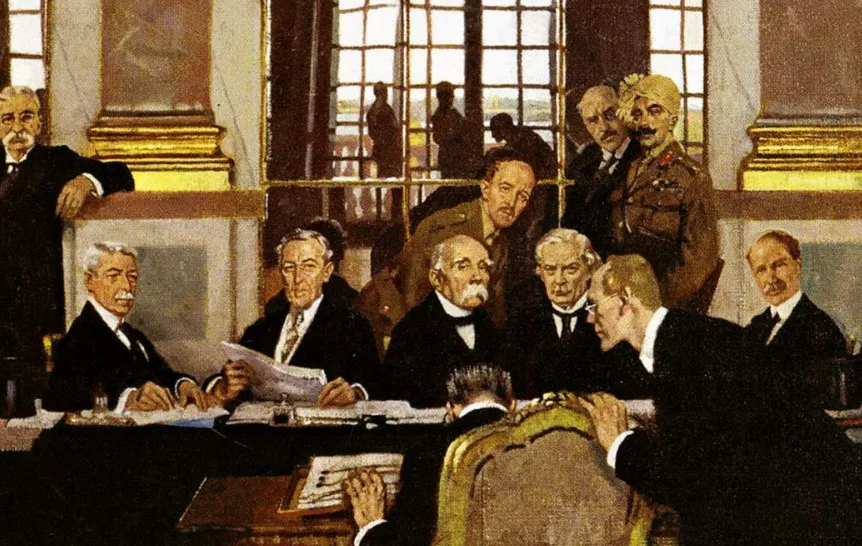 Painting of diplomats signing the Treaty of Versailles, ending World War 1. General knowledge quiz question.