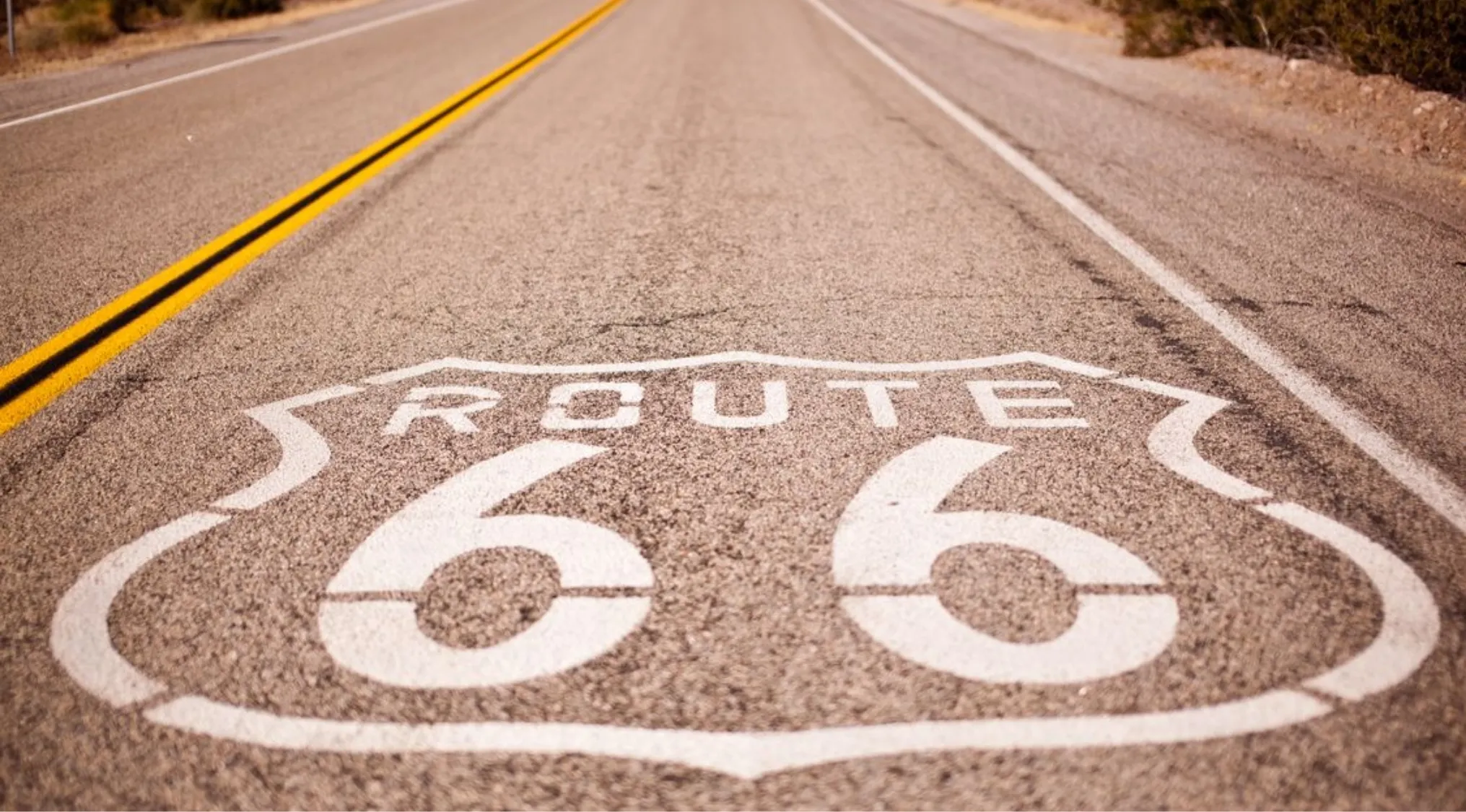 Route 66 highway with its emblem painted on the asphalt, symbolizing travel and living in America.