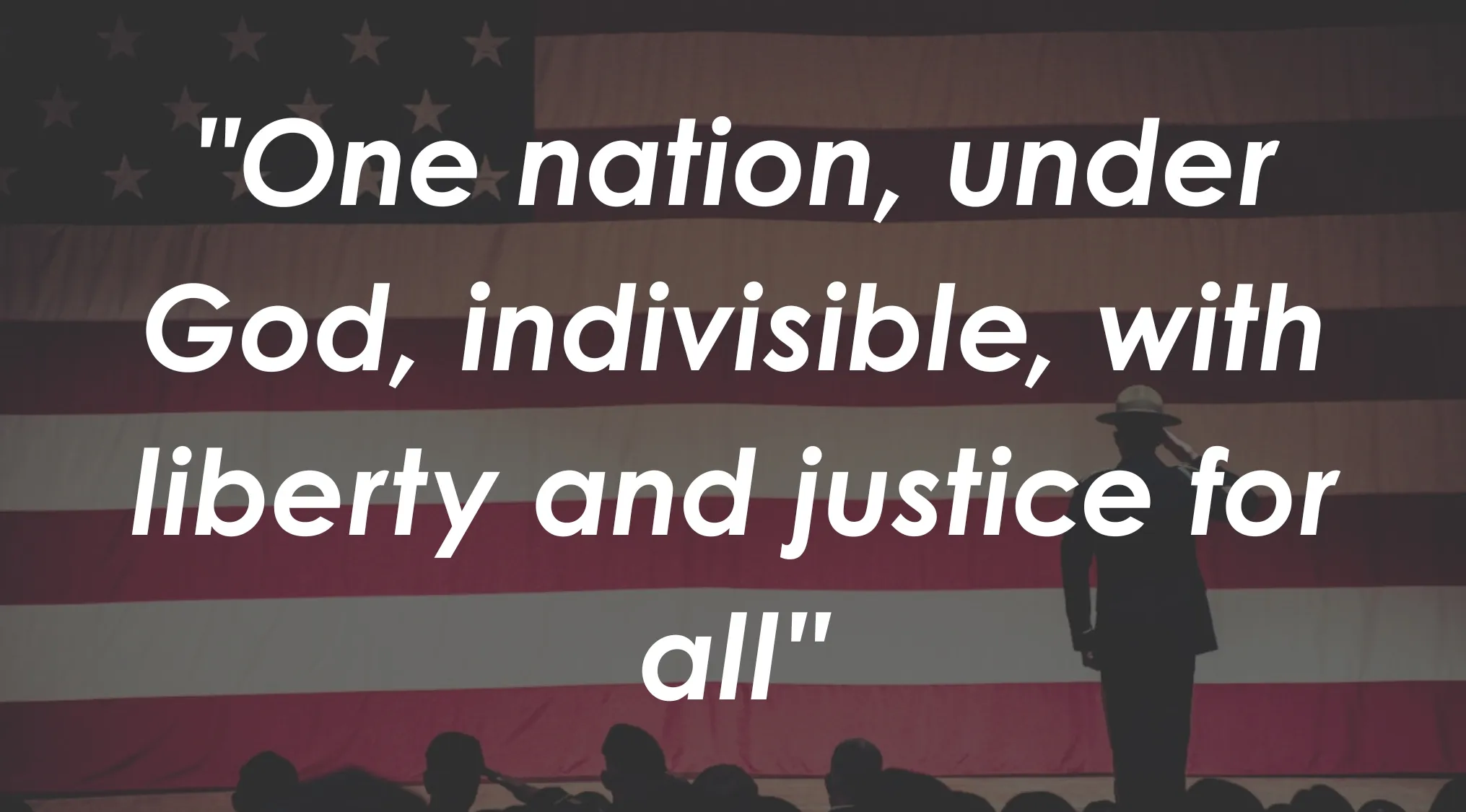 Living In America: The Pledge of Allegiance quote over a blurred American flag and silhouetted figures.
