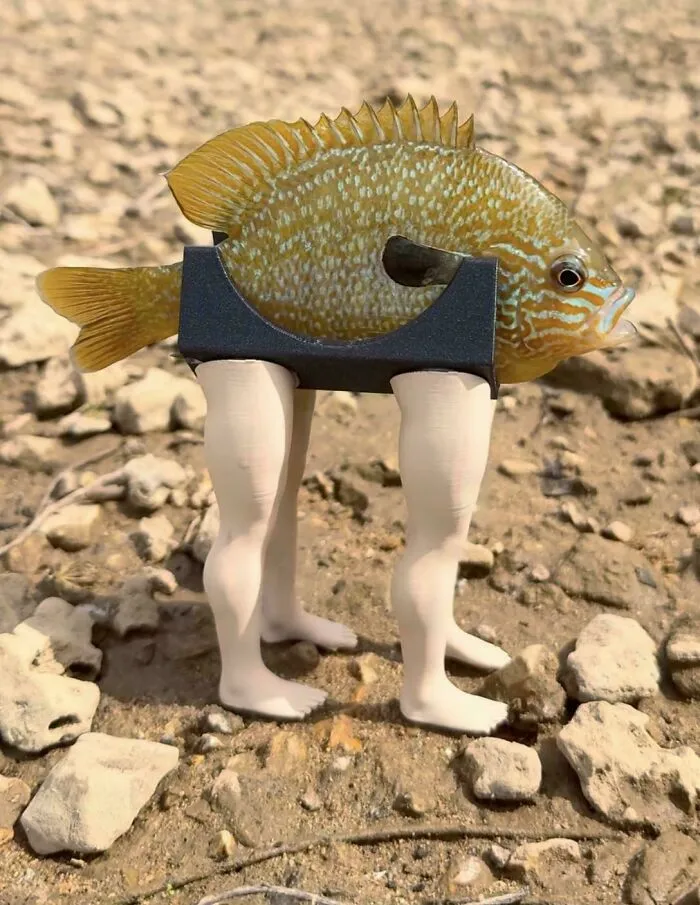 Funny fish with human legs toy on rocky ground