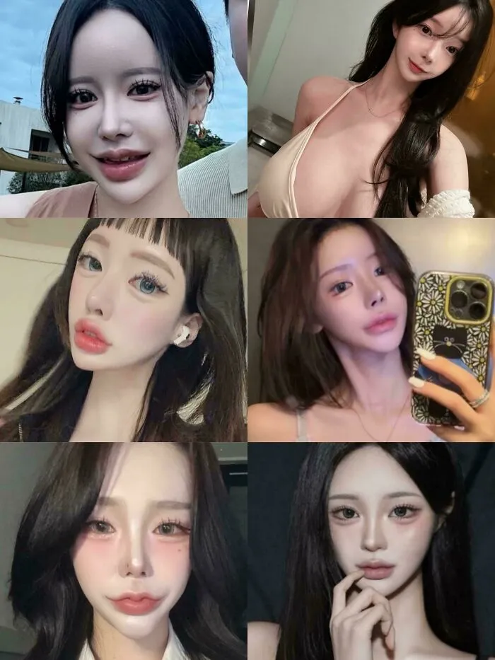 A collage showing six heavily edited photos of a woman, a classic example of Instagram Reality.
