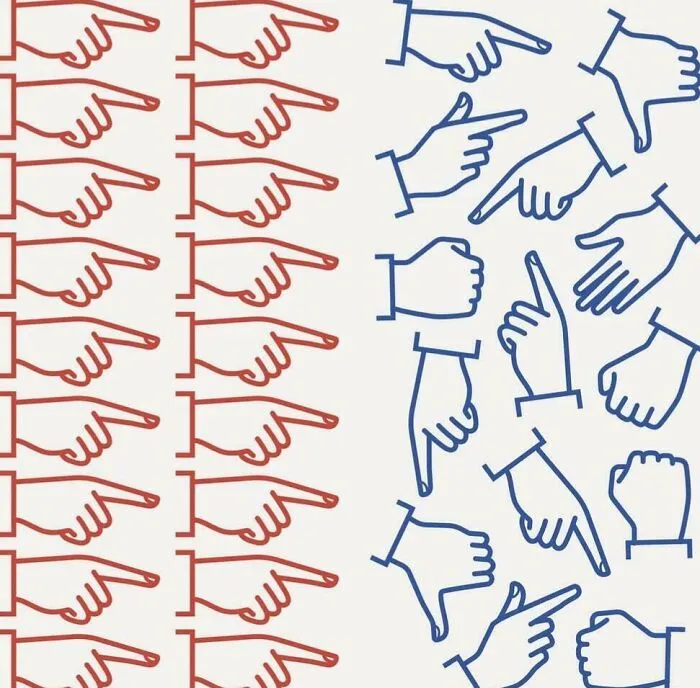 Red and blue hands pointing in different directions minimalist illustration