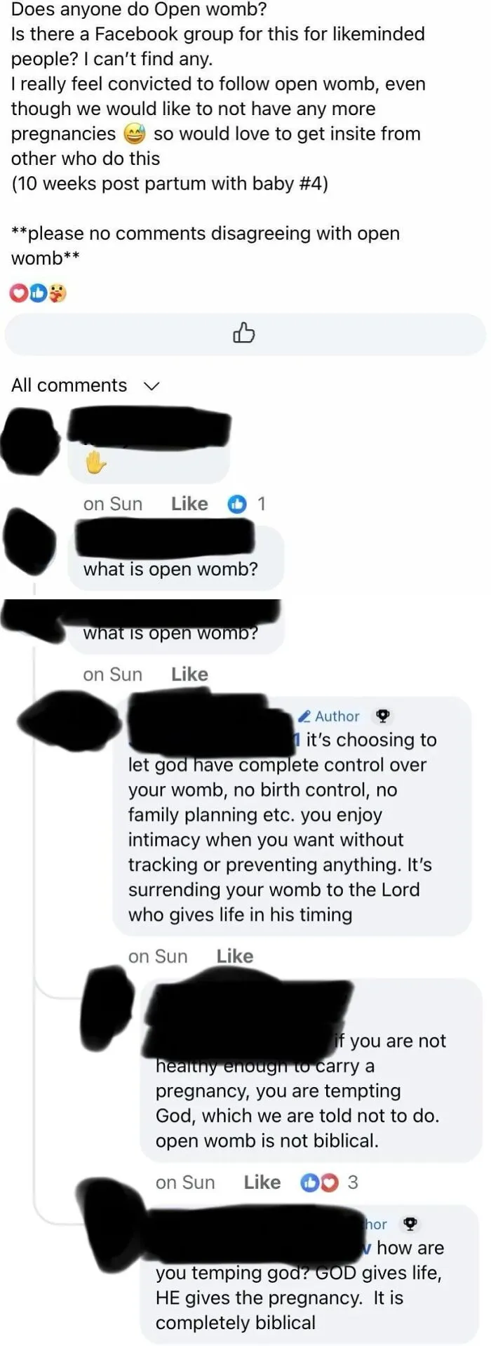 Discussion about open womb practice and its spiritual beliefs in parenting group