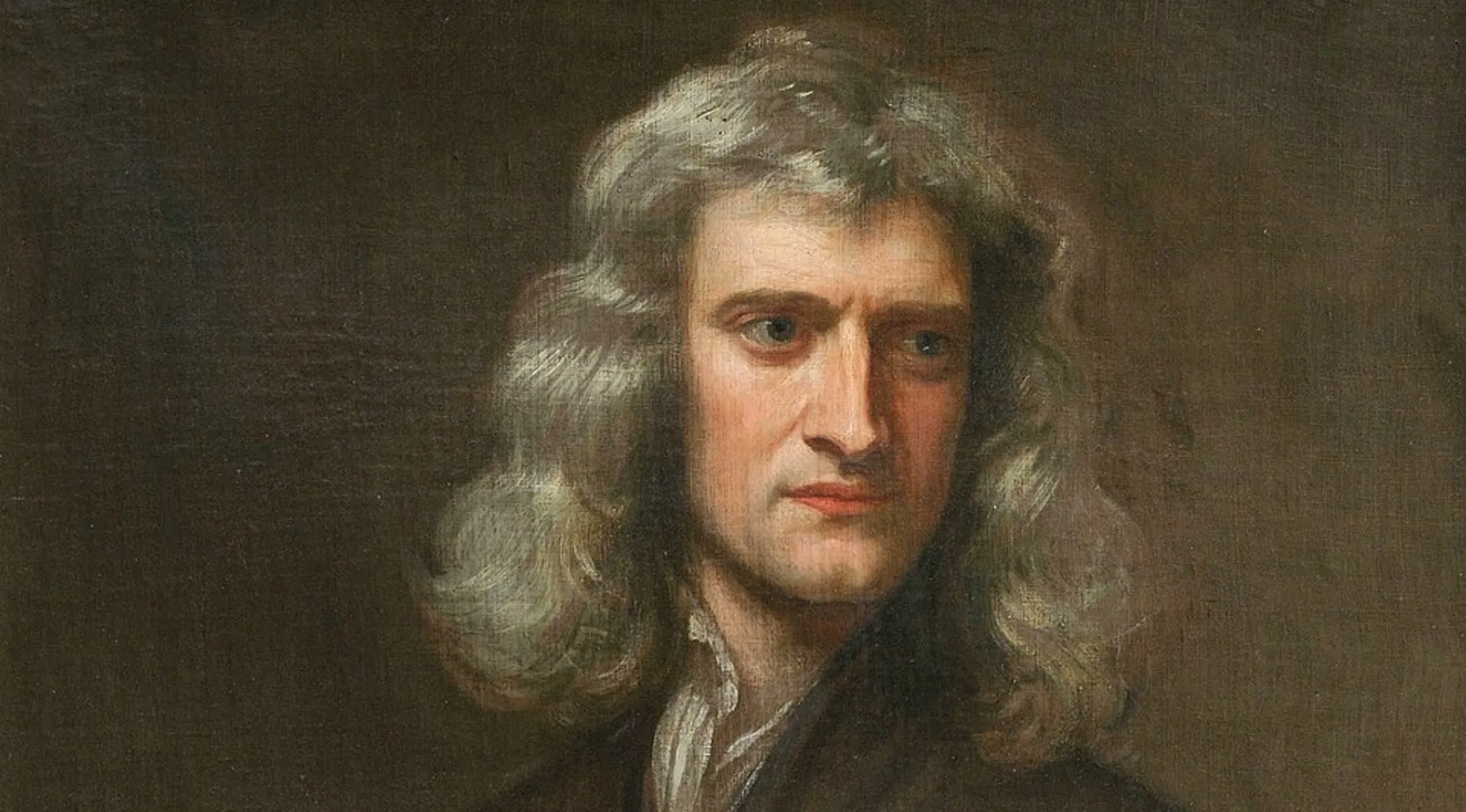 Oil painting portrait of Isaac Newton, a famous physicist, with shoulder-length grey hair, white collar, and dark coat.