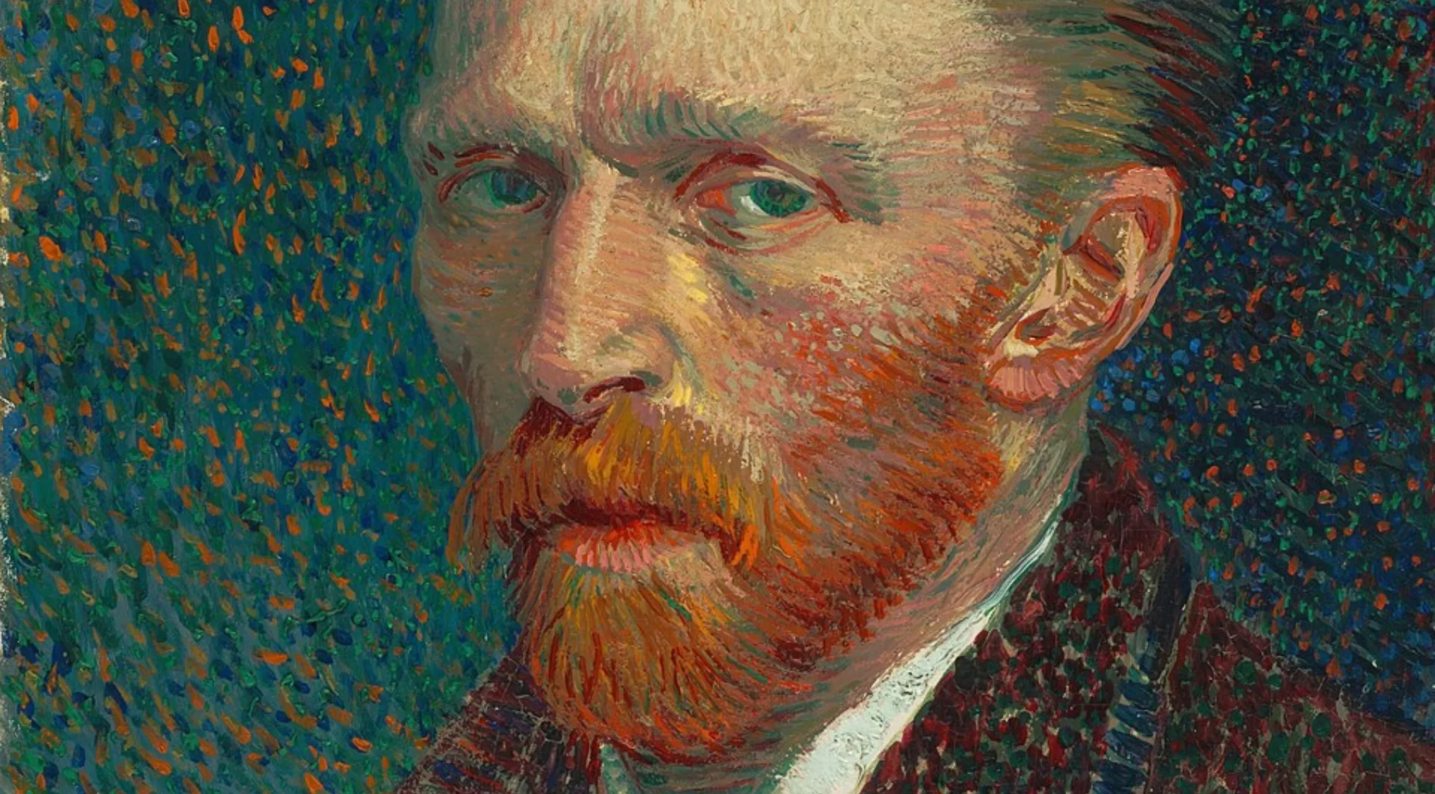 Close-up of a Dutch painter's self-portrait, featuring thick impasto brushstrokes and vibrant colors. Identify the famous person.