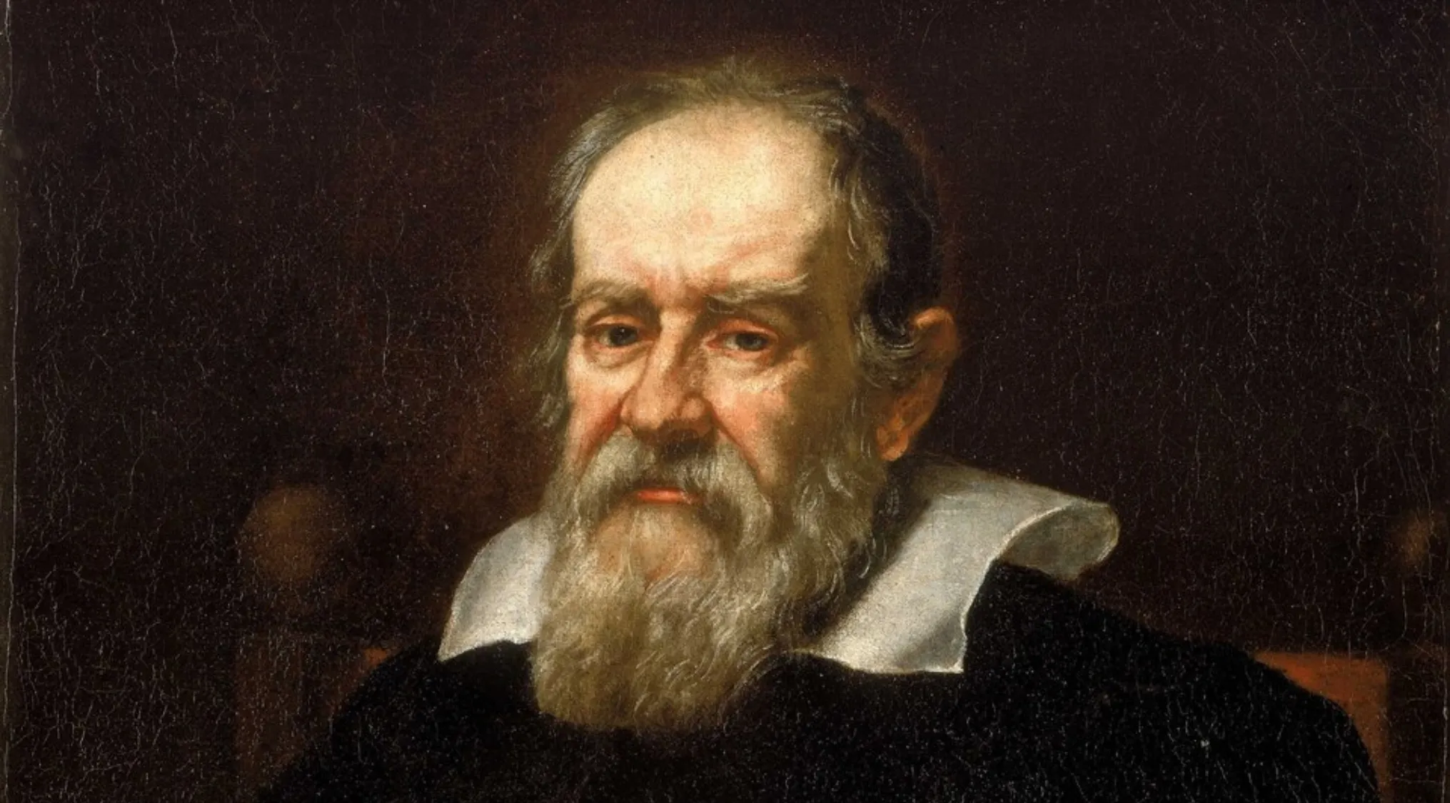 Oil painting of a famous person, a legendary astronomer, with a long white beard and a white collar against a dark background.