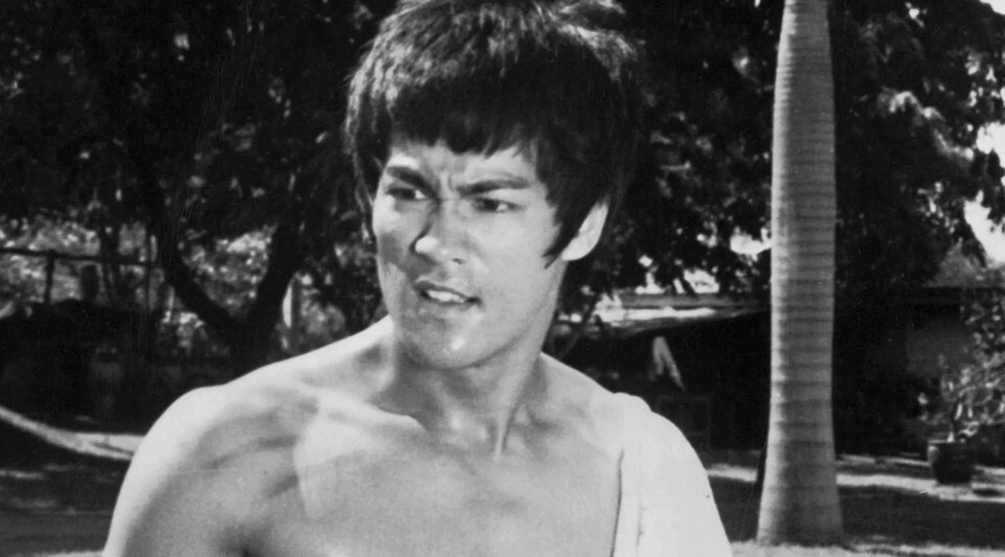 Black and white photo of a famous martial artist, Bruce Lee, shirtless with a focused expression. He is a global action movie legend.
