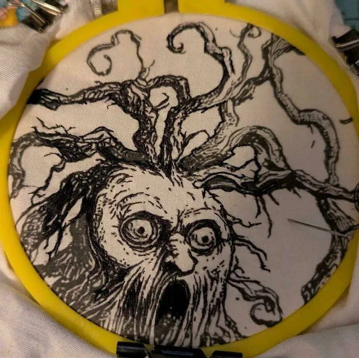 Spooky tree monster face embroidery project in progress