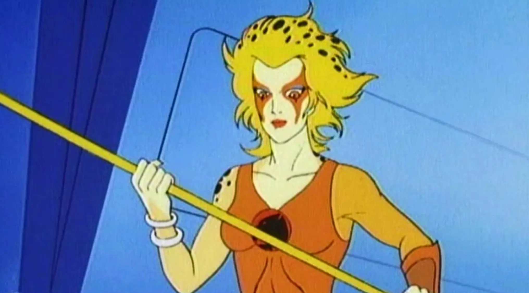 A Saturday Morning Cartoons Trivia character, Cheetara from ThunderCats, an animated humanoid cheetah holding a staff.