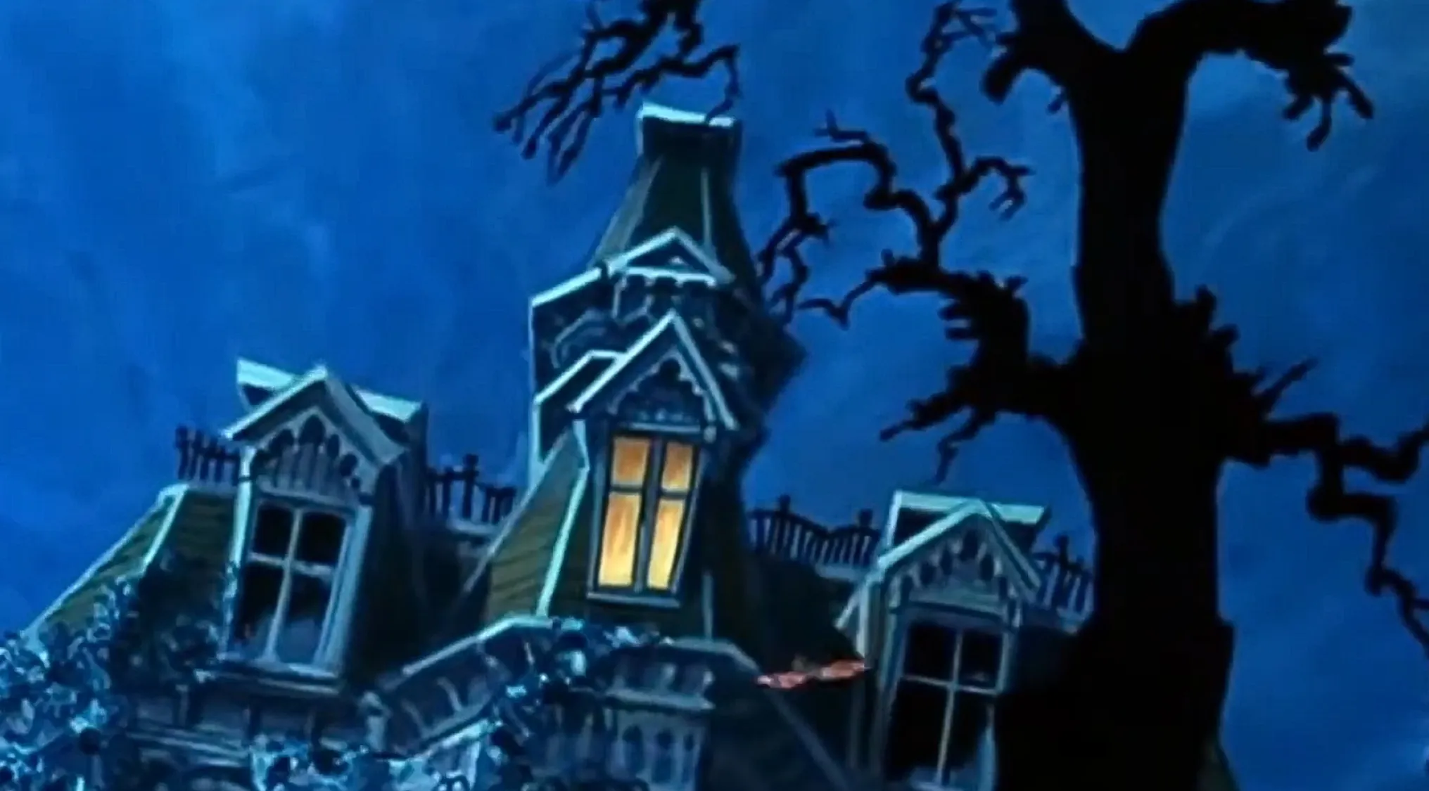 Creepy cartoon haunted house at night with glowing windows, perfect for Saturday Morning Cartoons Trivia.