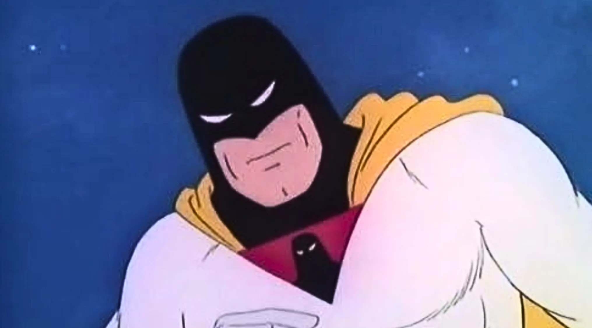 A classic Saturday Morning Cartoons Trivia character, Space Ghost in his white uniform, gold cape, and black mask.