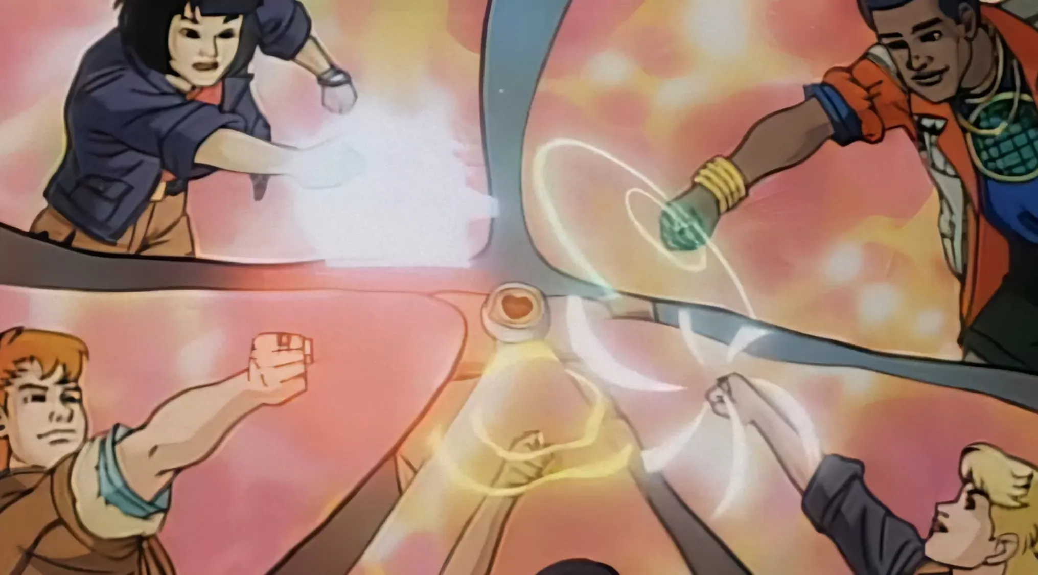 Animated characters forming a circle, their hands emitting light. Saturday Morning Cartoons Trivia.