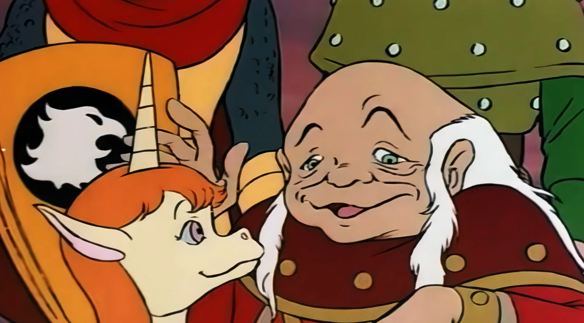 A cartoon unicorn with an orange mane looks at an older man with white hair. Saturday Morning Cartoons Trivia.