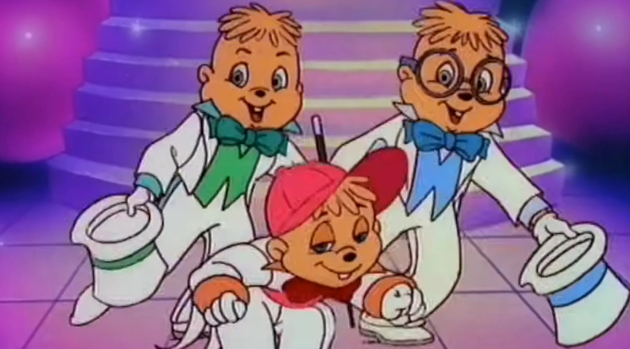 Saturday Morning Cartoons Trivia: The Chipmunks, a mischievous trio in white suits and bow ties, holding hats and a magic wand.