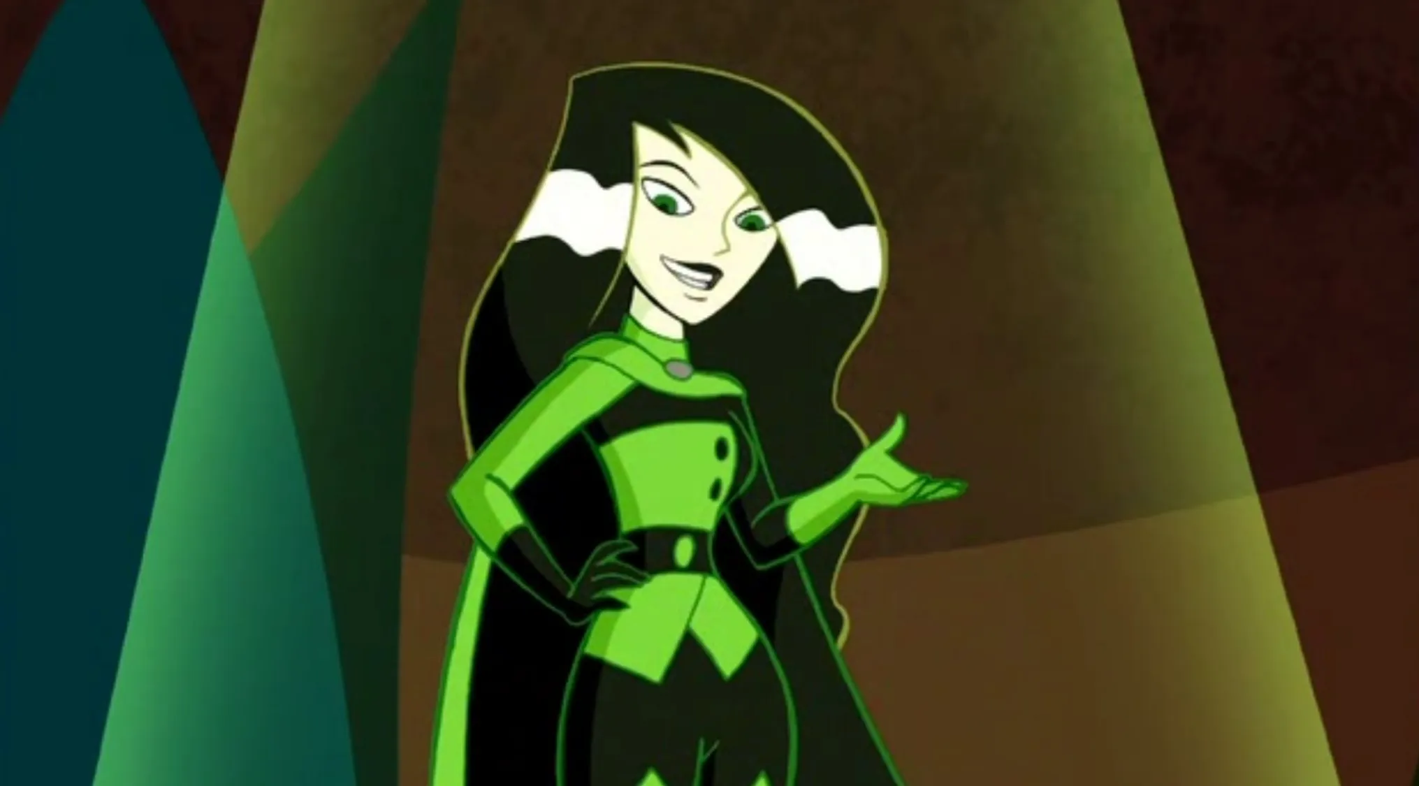 Shego, a character from Saturday Morning Cartoons Trivia, wearing a black and green uniform, smiling confidently.