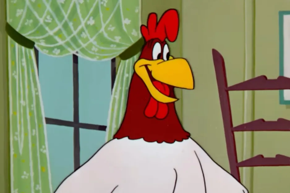 Foghorn Leghorn, the hunter's nemesis, smiling with his red comb and wattle, in a cartoon setting with green curtains.