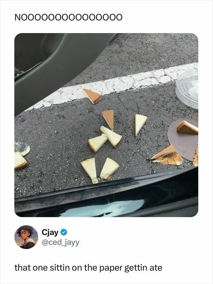 Broken cheesecake pieces spilled on asphalt in godless comments meme