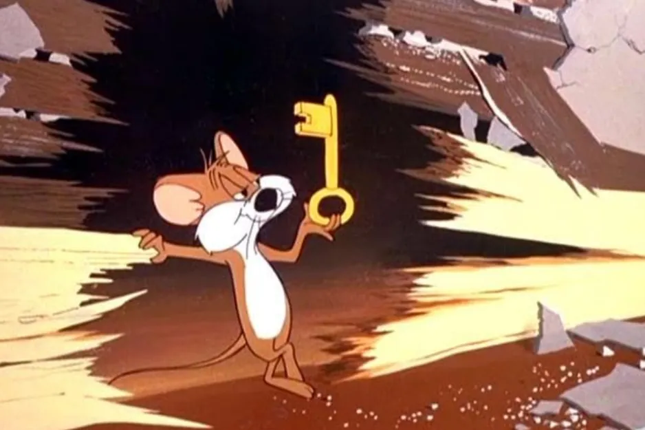 Jerry the mouse, looking excited, holding a golden key, a powerful weapon against his nemesis.