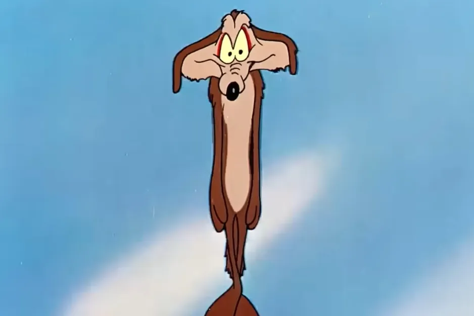 Wile E. Coyote falling against a blue sky, an ongoing joke about the bird's nemesis in Looney Tunes.