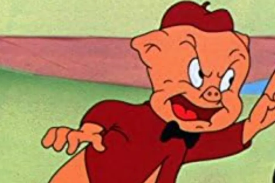 A cartoon pig, Porky Pig, looking angry with a wide open mouth and pointed finger. He could be this bird's nemesis.