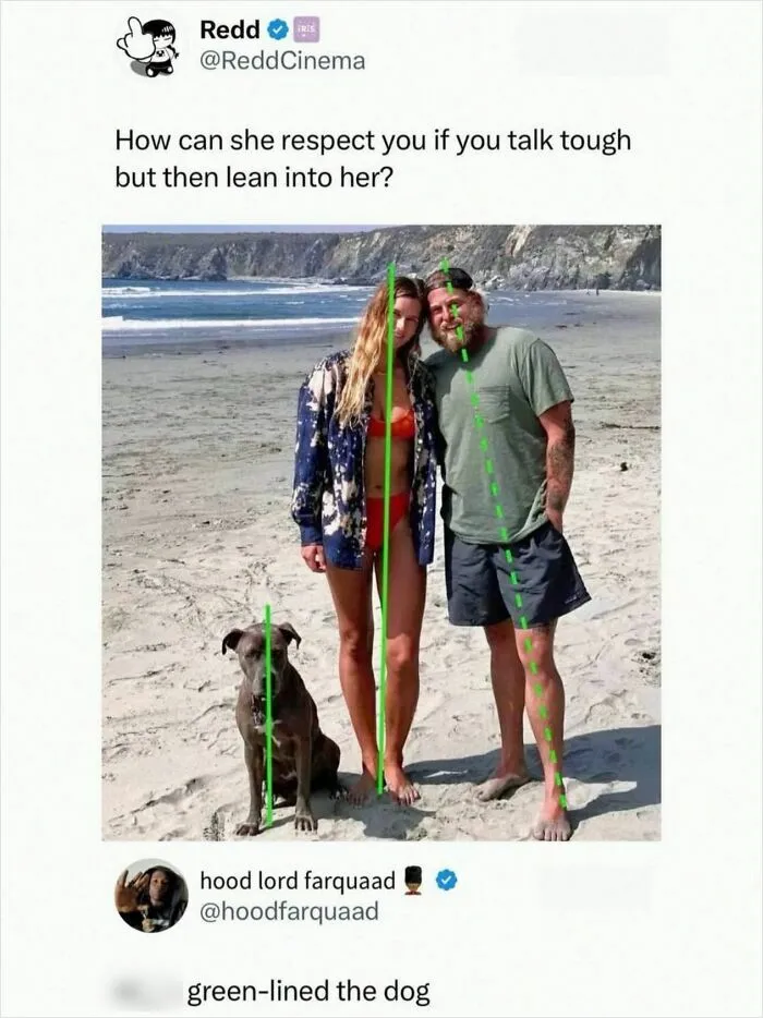 Photo of couple and dog on beach with green lines showing posture and a humorous godless comment