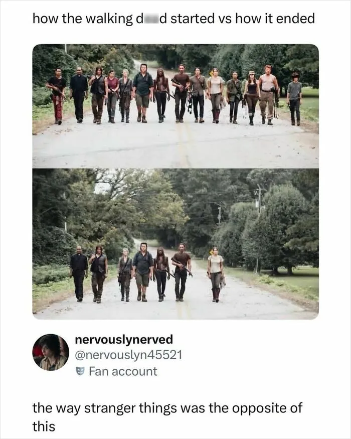 Two images showing Walking Dead cast walking in groups with caption about show endings