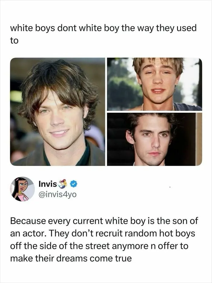 Collage of young male actors with comment on white boys