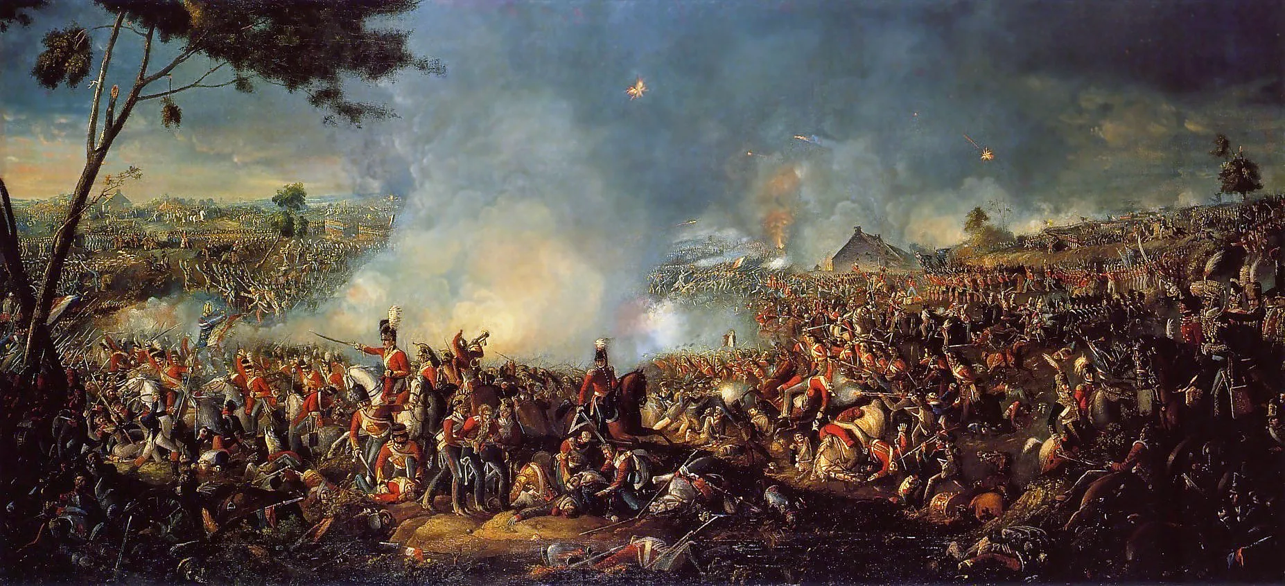A chaotic painting of the Battle of Waterloo, showing soldiers, horses, and smoke, depicting the defeat of Bonaparte.