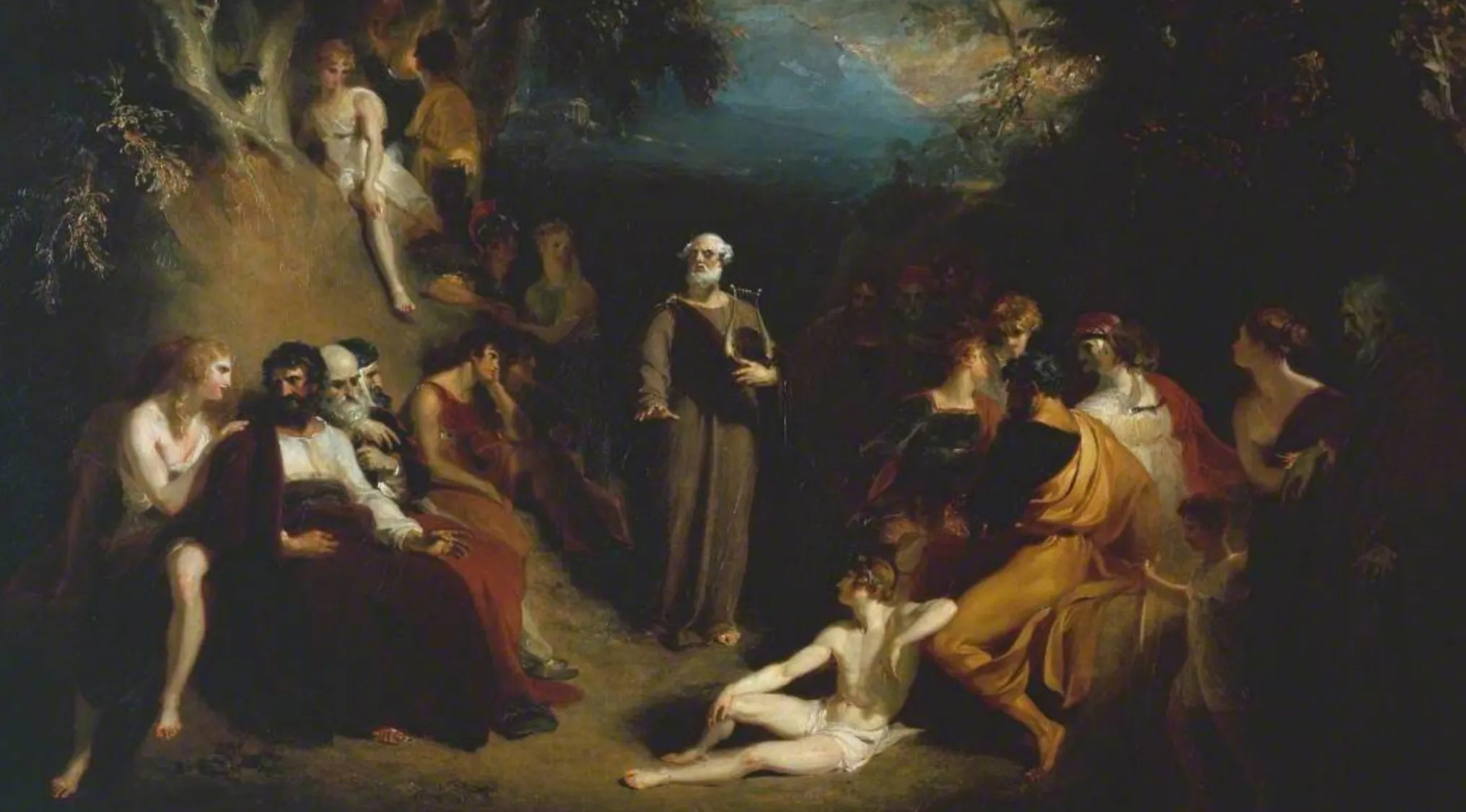 A painting depicts a group of people listening to an old man, perhaps Homer, discussing the Trojan War.