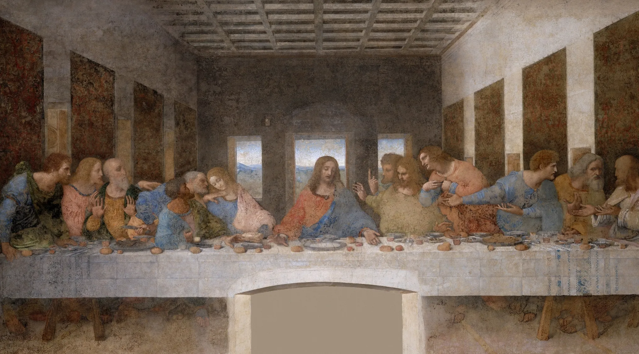 The Last Supper, Leonardo da Vinci's iconic wall painting, depicting Jesus and his disciples at a long table.