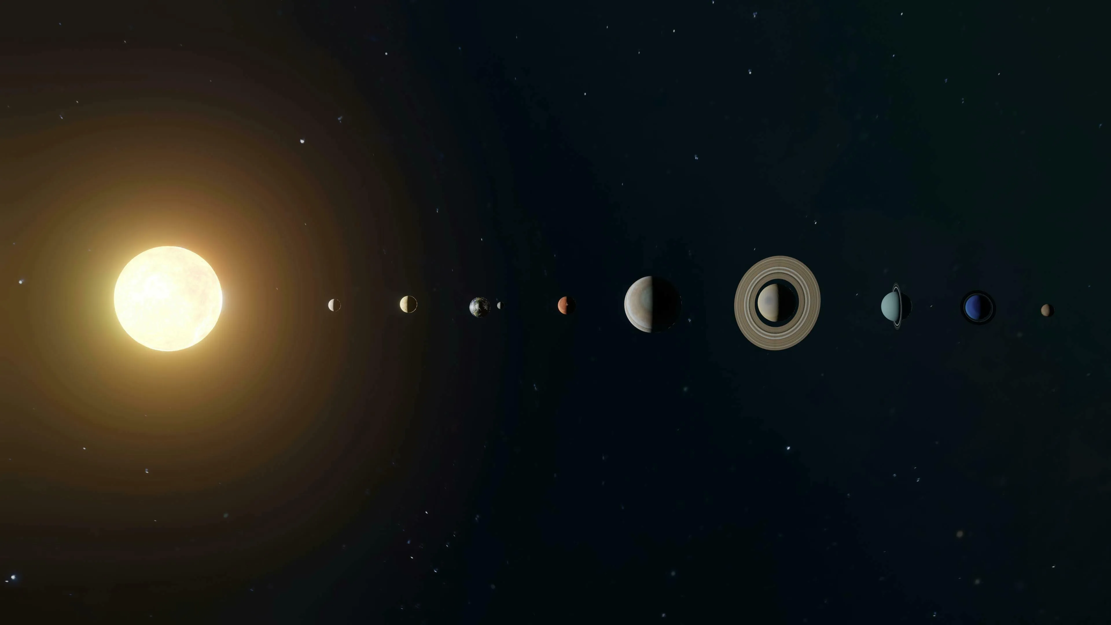 An astronomy image showing the Sun and the planets of our solar system, including the two gas giants, Jupiter and Saturn.