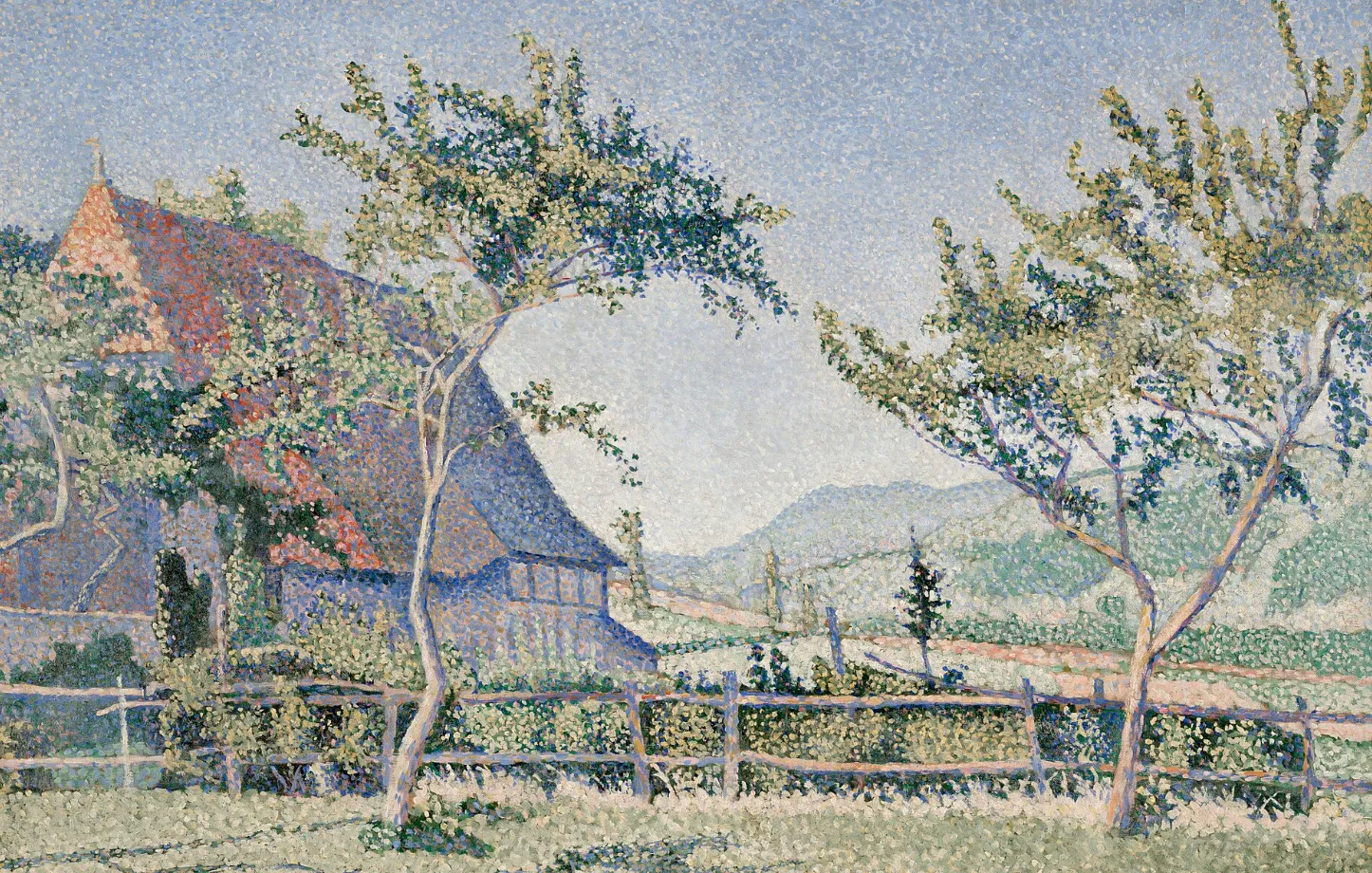 Pointillism painting of a farmhouse with a red roof, surrounded by lush green trees, a wooden fence, and distant hills.