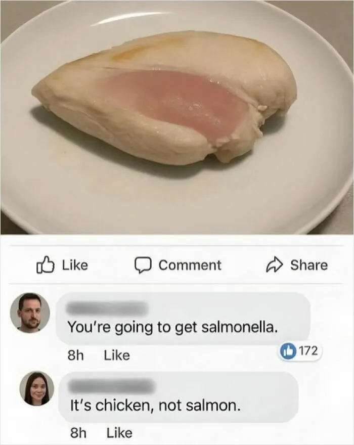 Photo of undercooked chicken with social media comments about salmonella