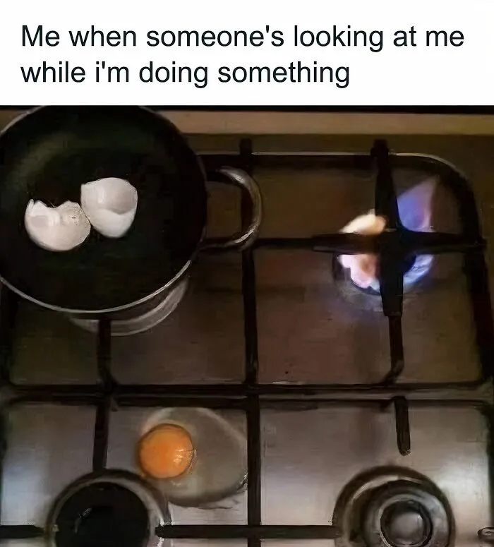 Egg cooked on stove with yolk dropped off burner funny food meme