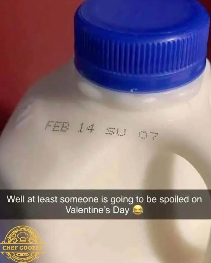 Milk jug with expiration date on Valentine's Day joke