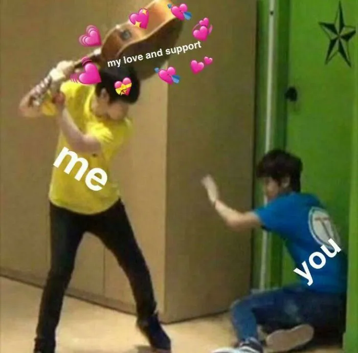 K-Pop meme showing love and support with two people playfully interacting