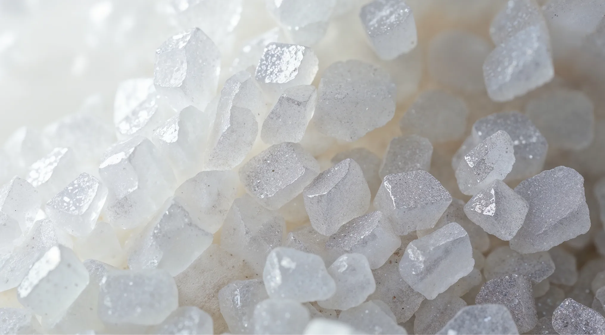 Zoomed-in images of white crystalline grains, possibly sugar or salt, with rough, angular surfaces.