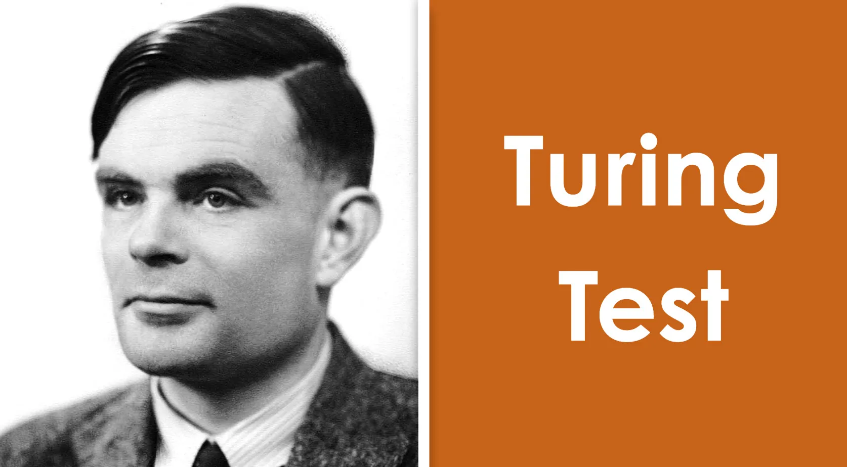Black and white portrait of Alan Turing next to text Turing Test on a brown background, perfect for a general knowledge quiz.